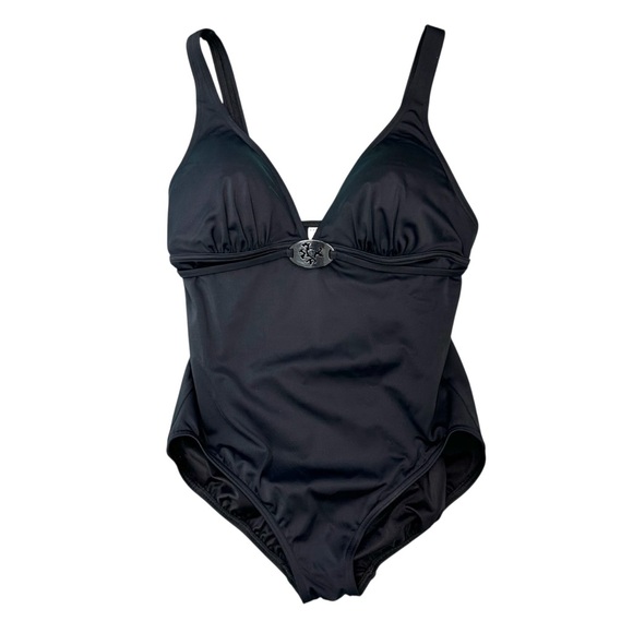LANDS’ END Classic Black Medallion Modest One-Piece Swimsuit - Picture 1 of 5